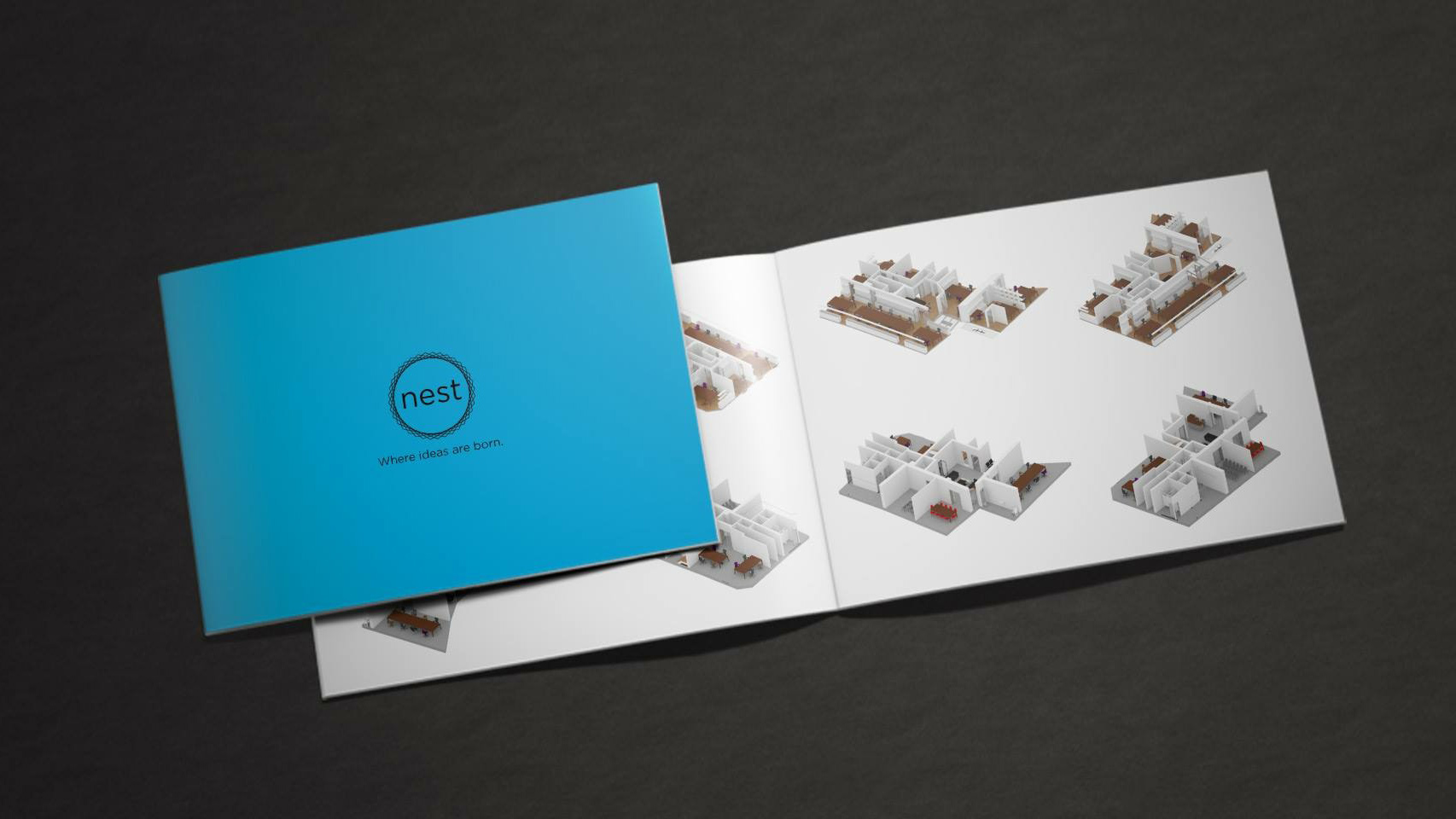 Client pitch deck — printed presentation document with spatial layouts