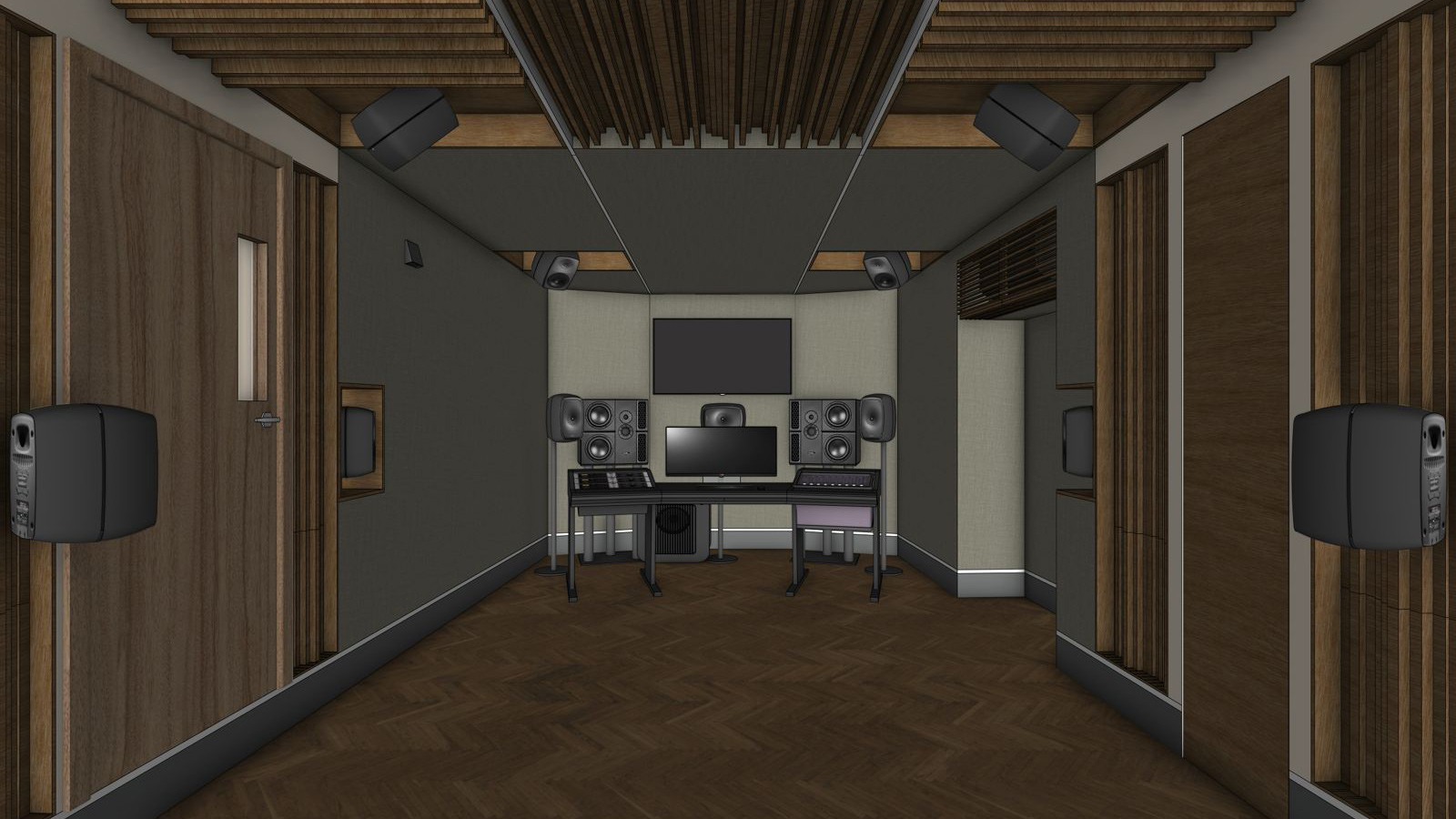 Spatial audio studio 3D render — acoustic panels and speaker placement